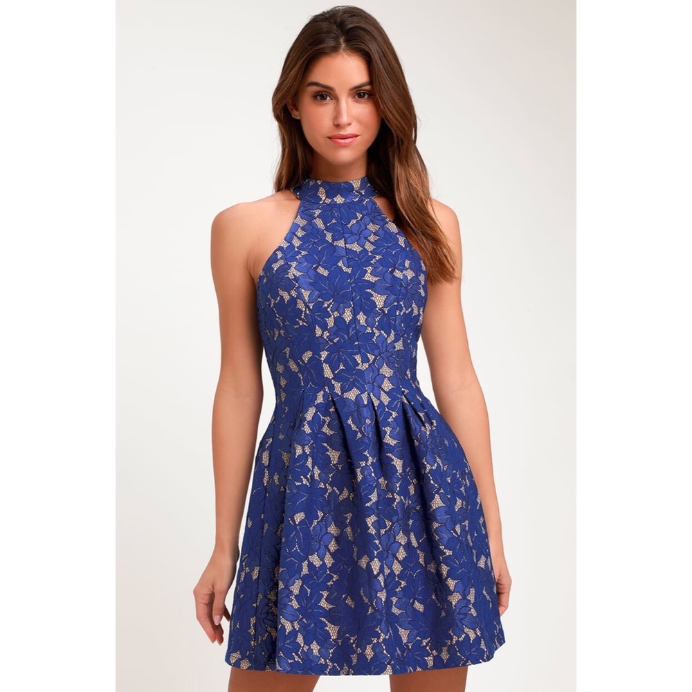 Royal Blue Lace Halter Skater Dress